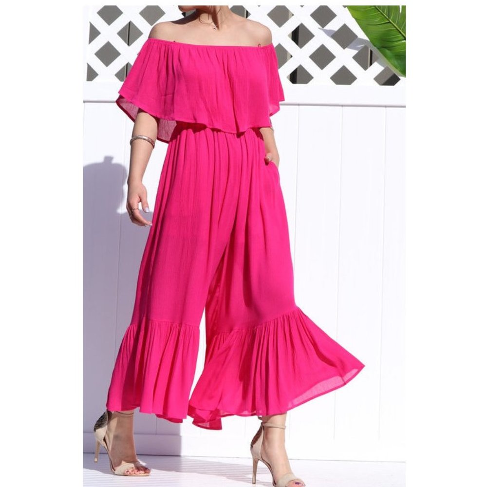 Boho Off Shoulder Ruffle Wide Leg Jumpsuit Jumper - Picture 3 of 6